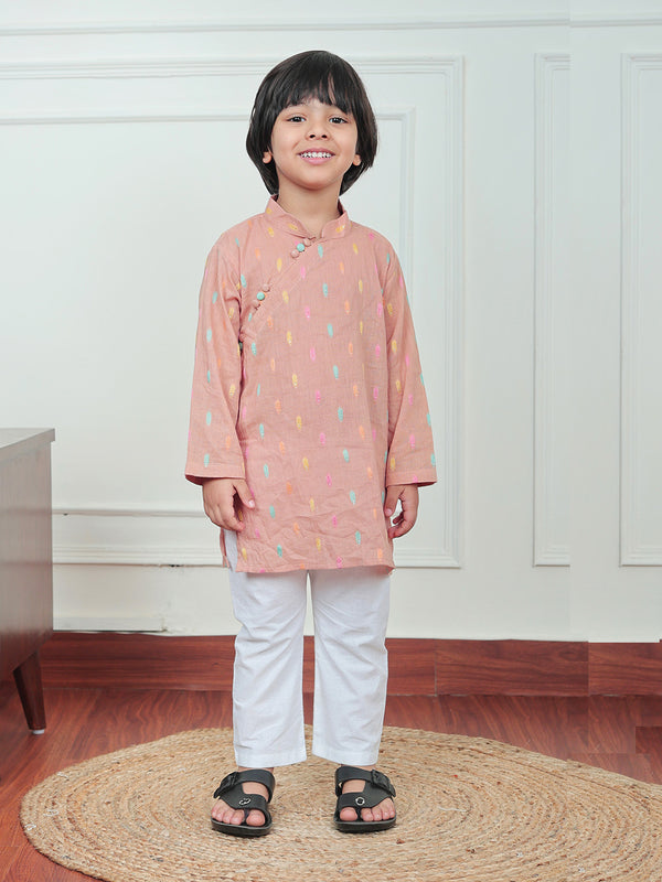 Polka Tots Full Sleeve Leaf embroidery Kurta Pyjama Set - Orange