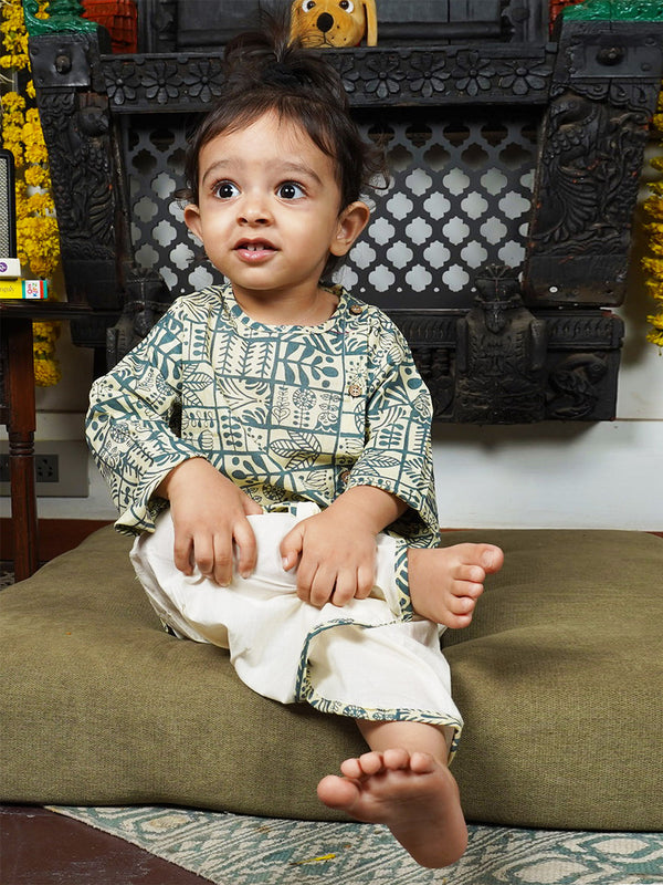 Polka Tots 100% Super Soft Cotton Full Sleeve Geometric Print Angrakha Top With Dhoti - Cream & Grey