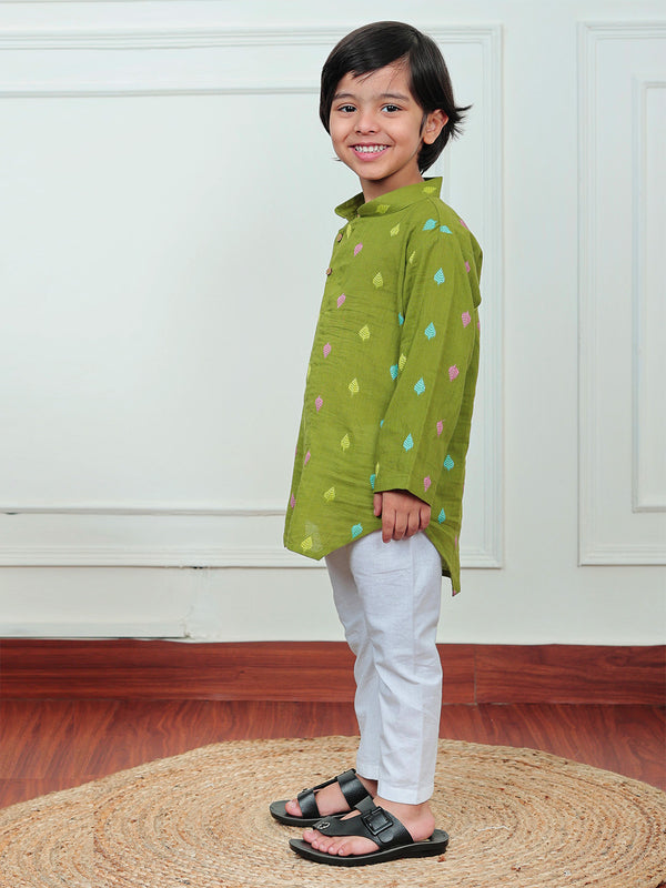 Polka Tots Full Sleeve Leaf embroidery Kurta Pyjama Set - Green