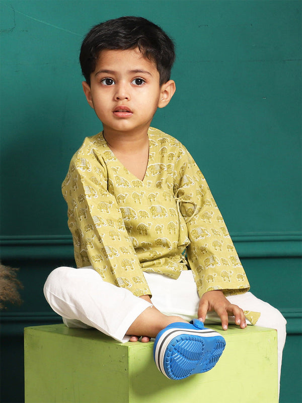 Polka Tots Super Soft Cotton Full Sleeve Elephant Print Front Open Angrakha Kedia Pant Set - Green