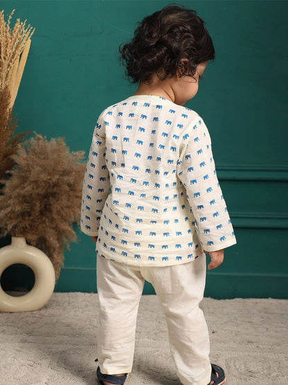 Polka Tots Full Sleeve Elephant Print Front Open Angrakha Kedia Pant Set - Blue