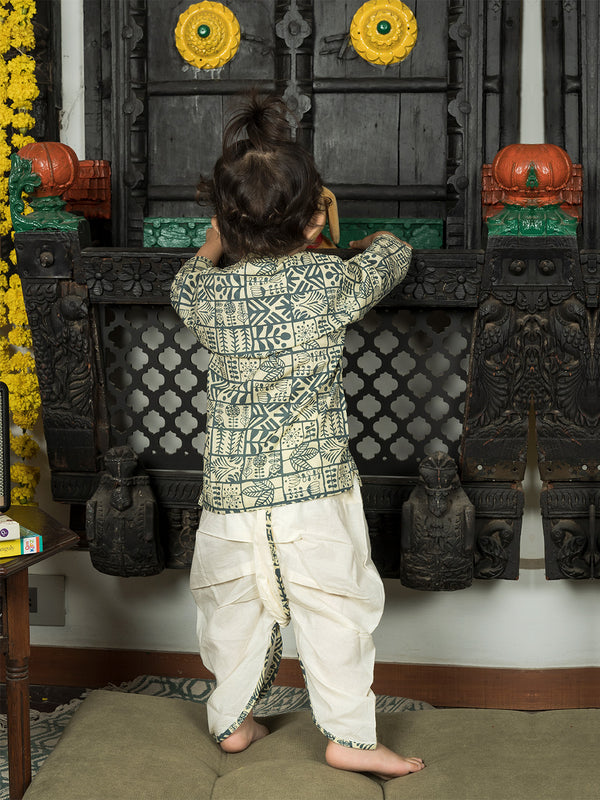 Polka Tots 100% Super Soft Cotton Full Sleeve Geometric Print Angrakha Top With Dhoti - Cream & Grey