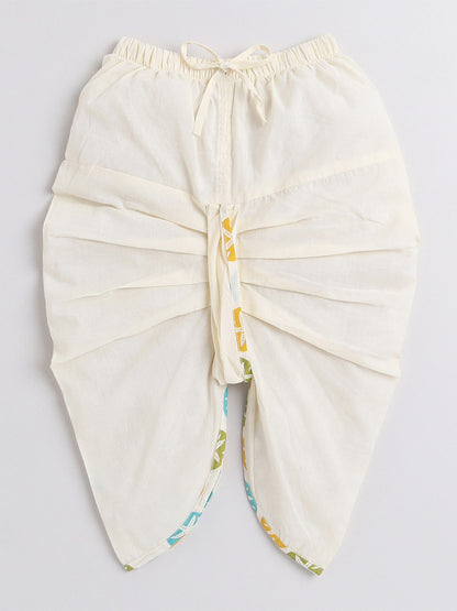 Polka Tots Full Sleeve Multi Color Star Print Angrakha Kurta With Piping Dhoti - Cream