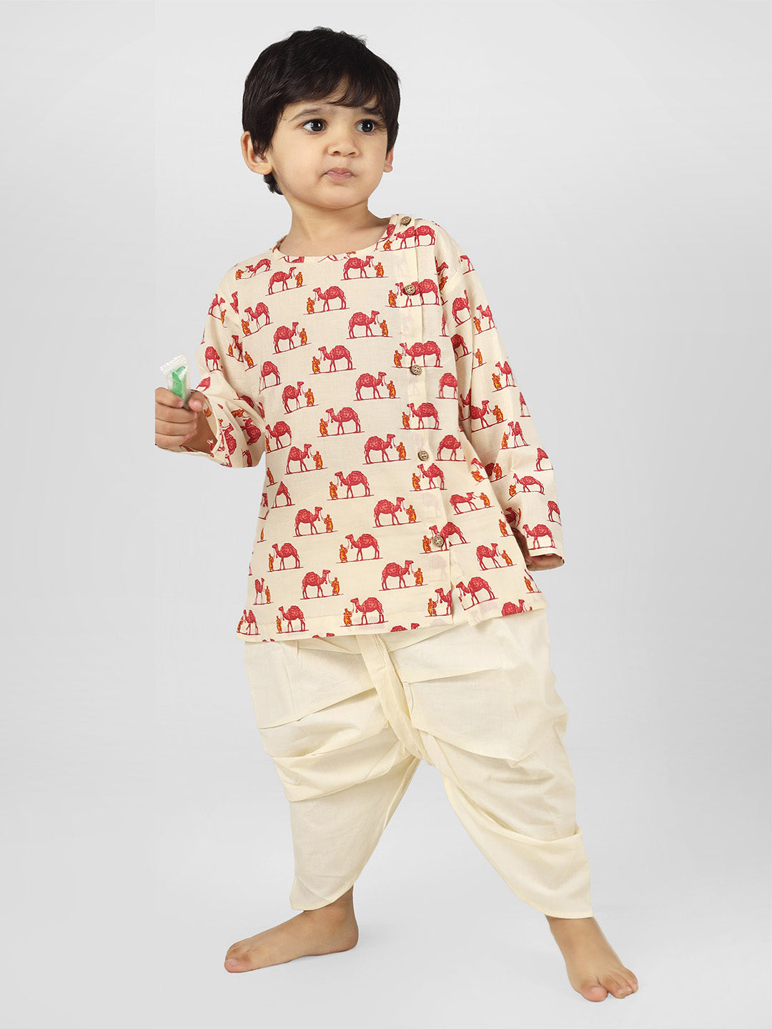 Polka Tots Full Sleeve Camel Print Angrakha Top With Dhoti - Cream