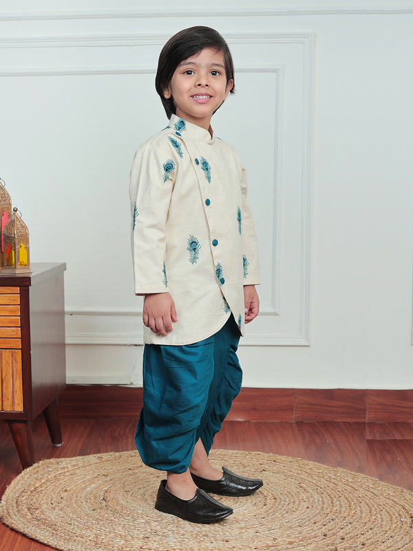Polka Tots Peacock print Angrakha With Dhoti - Cream