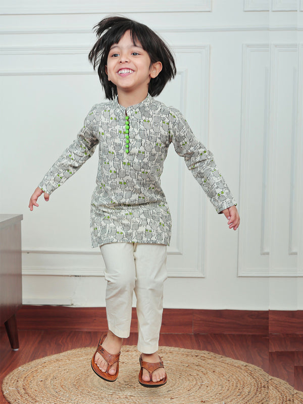 Polka Tots Full Sleeve Owl print Kurta Pyjama Set - Off White