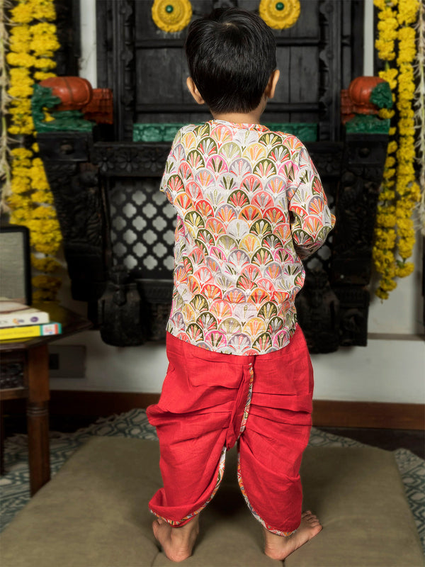 Polka Tots Full Sleeves Floral Print Angrakha with Dhoti - Red
