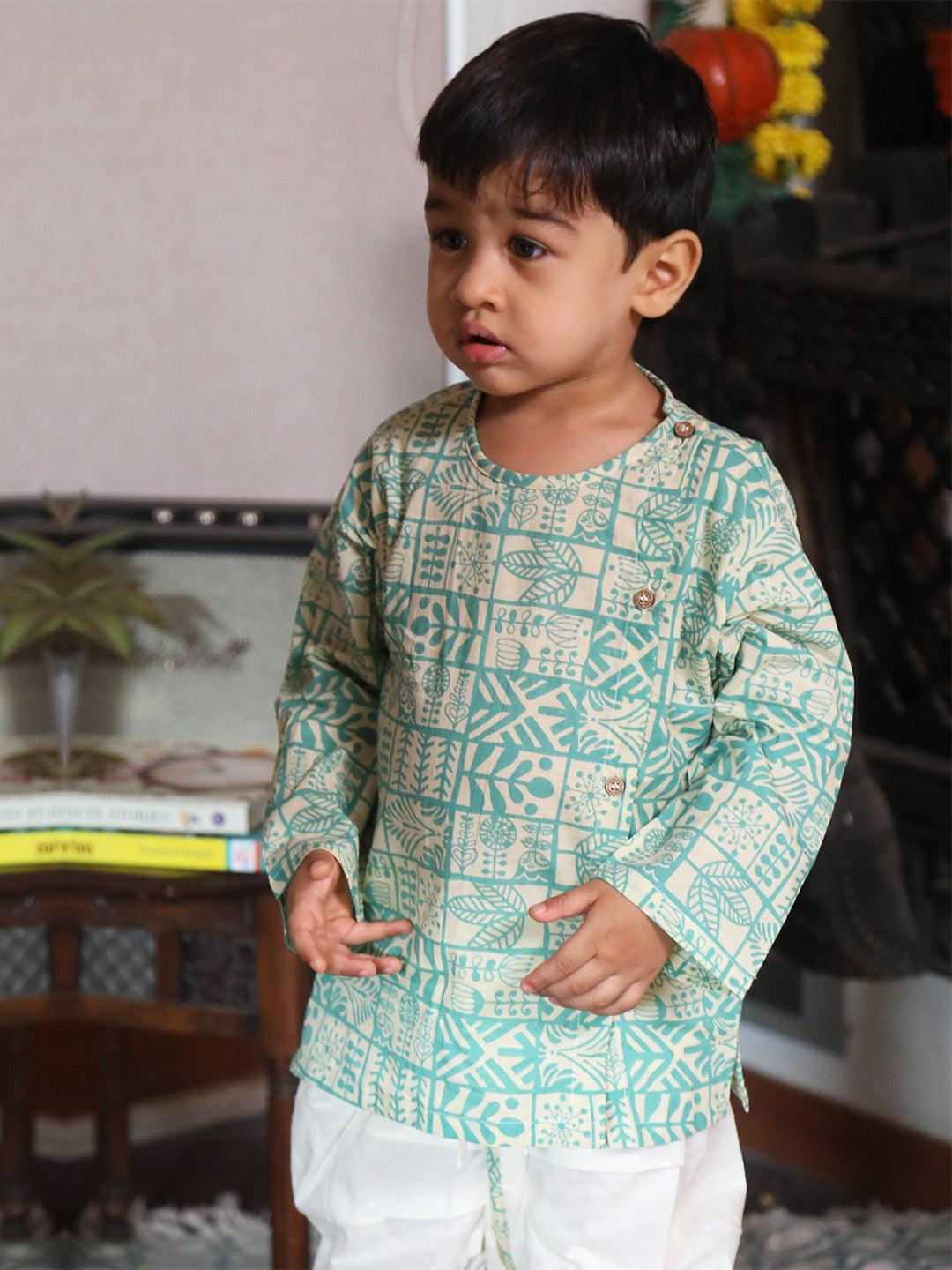 Polka Tots 100% Super Soft Cotton Full Sleeve Geometric Print Angrakha Top With Dhoti - Cream & Green