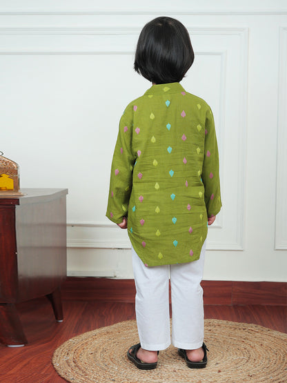 Polka Tots Full Sleeve Leaf embroidery Kurta Pyjama Set - Green