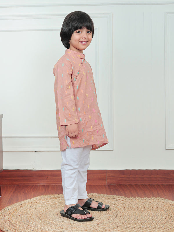 Polka Tots Full Sleeve Leaf embroidery Kurta Pyjama Set - Orange