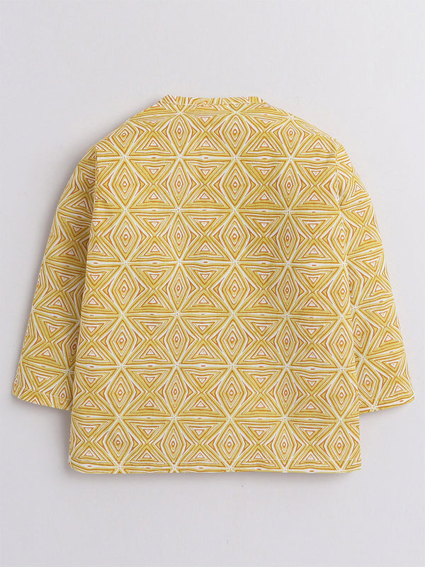 Polka Tots Full Sleeve Geometrical Print Angrakha kurta With Piping Dhoti - Yellow