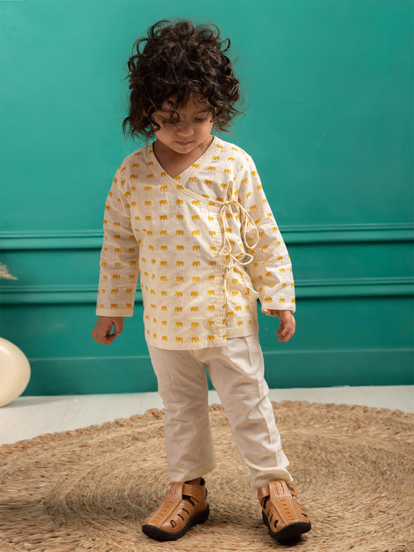 Polka Tots Full Sleeve Elephant Print Front Open Angrakha Kedia Pant Set - Cream