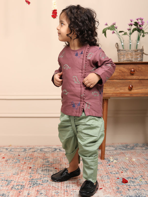 Polka Tots Full Sleeves Dinosaur Embroidery Angrakha with Dhoti - Dusty Pink