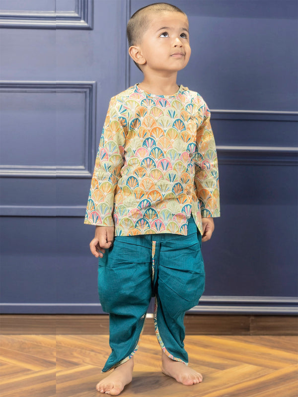 Polka Tots Full Sleeves Floral Print Angrakha with Dhoti - Blue