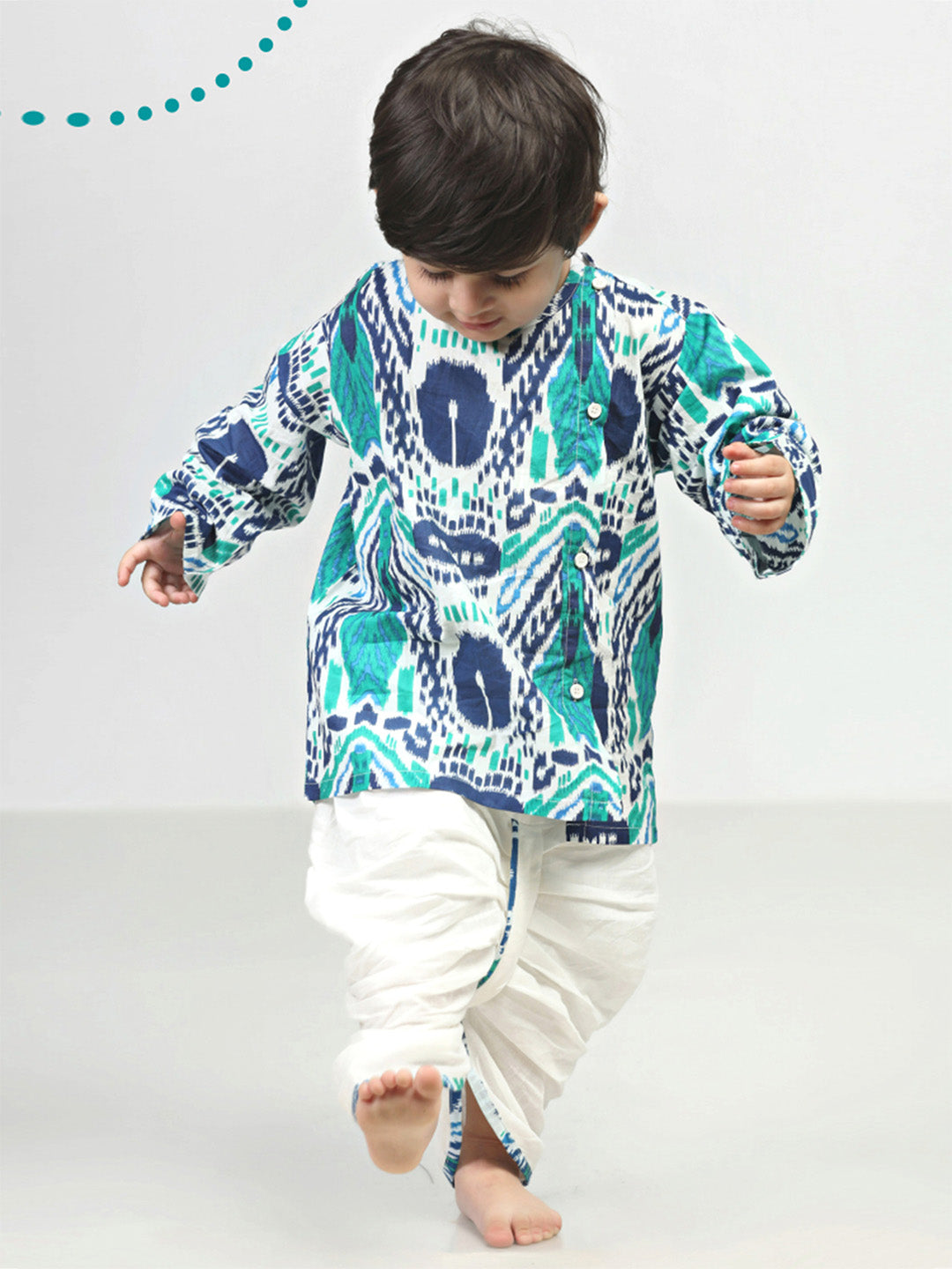 Polka Tots Dhoti Kurta Set for Boys 100% Super Soft Cotton Traditional Ethnic Wear For Kids Peacock Print  - White