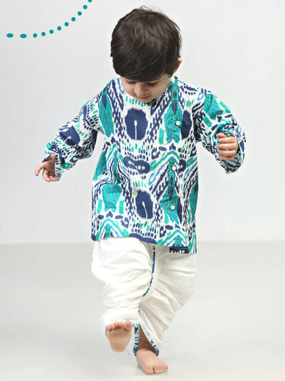 Polka Tots Dhoti Kurta Set for Boys 100% Super Soft Cotton Traditional Ethnic Wear For Kids Peacock Print  - White