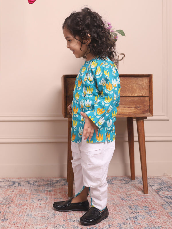 Polka Tots Full Sleeves Lotus Print Angrakha with Dhoti - Blue