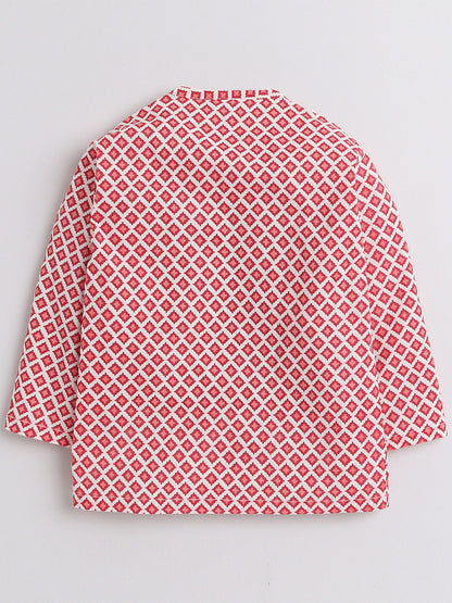 Polka Tots Full Sleeve Small Square Print Angrakha With Piping Dhoti - Cream