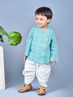 Polka Tots Full Sleeve Angrakha With Dhoti Geometric Print Set - Blue & White