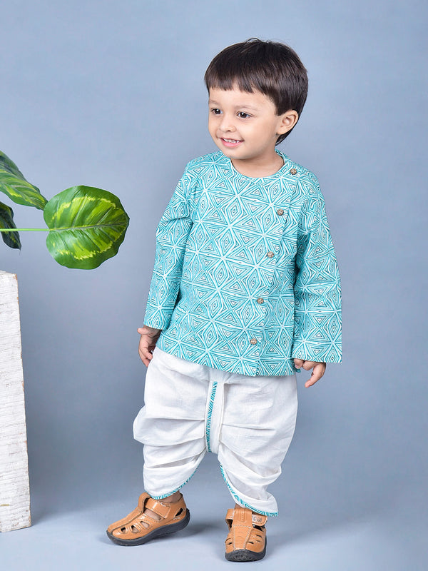 Polka Tots Full Sleeve Angrakha With Dhoti Geometric Print Set - Blue & White