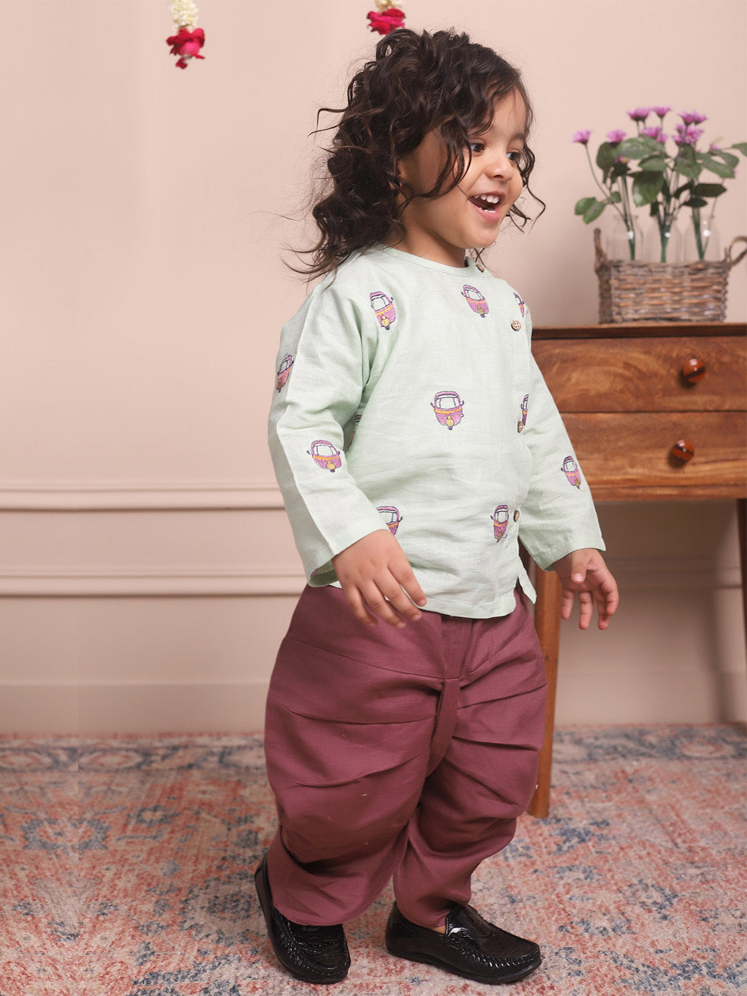 Polka Tots Full Sleeves Rickshaw Embroidery Angrakha with Dhoti - Green