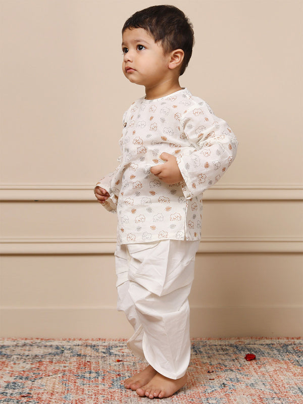 Polka Tots 100% Super Soft Cotton Full SLeeve Elephant Print Angrakha & Dhoti Set - White & Mustard