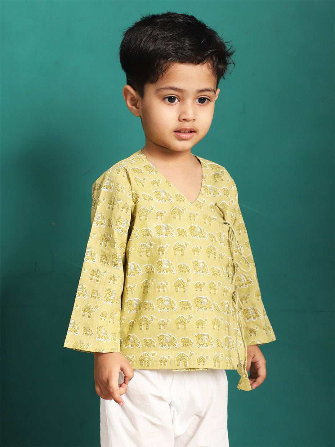 Polka Tots 100% Super Soft Cotton Full Sleeve Elephant Print Front Open Angrakha Kedia Pant Set - Green
