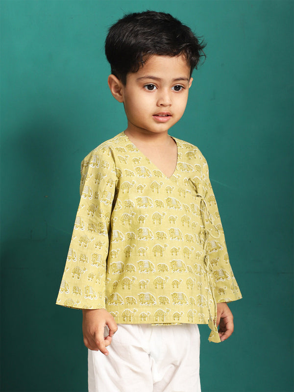 Polka Tots Super Soft Cotton Full Sleeve Elephant Print Front Open Angrakha Kedia Pant Set - Green