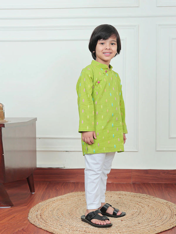 Polka Tots Full Sleeve Leaf embroidery Kurta Pyjama Set - Green