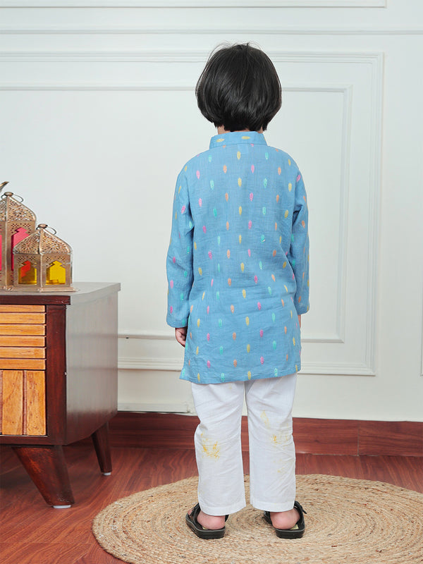 Polka Tots Full Sleeve Leaf embroidery Kurta Pyjama Set - Blue