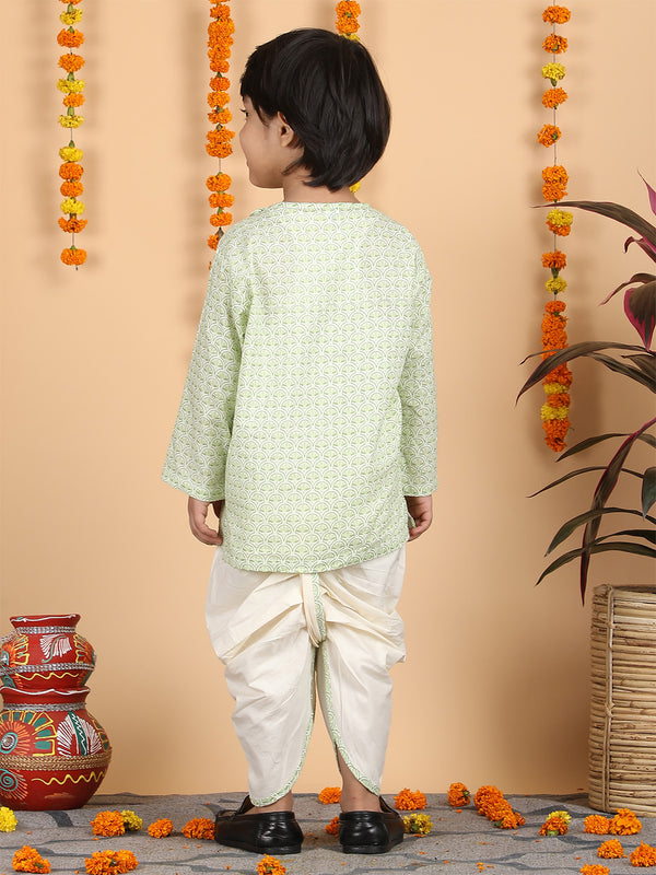 Polka Tots Full Sleeve Traditional print Angrakha Top With Dhoti - Green