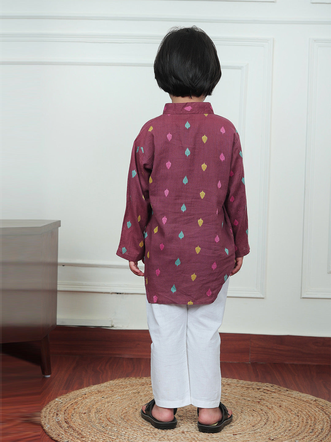 Polka Tots Full Sleeve Leaf embroidery Kurta Pyjama Set - Brown