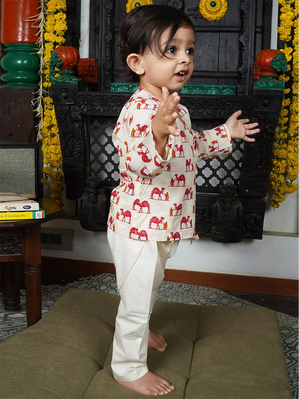 Polka Tots Cotton Camel Print Full Sleeves Angrakha Kedia Pant Set - Cream