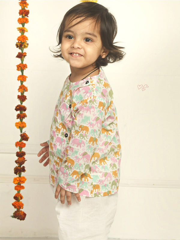 Polka Tots Dhoti Kurta Set for Boys 100% Super Soft Cotton Traditional Ethnic Wear For Kids Elephants-Pink and Orange