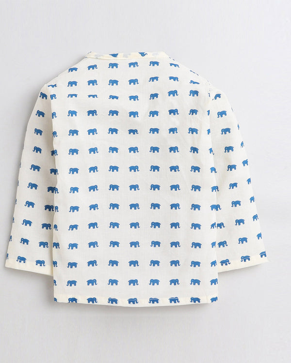 Polka Tots Dhoti Kurta Set for Boys 100% Super Soft Cotton Traditional Ethnic Wear For Kids Blue Elephant - Cream