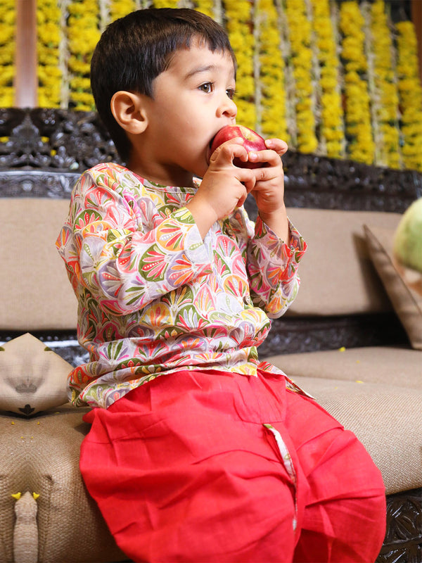 Polka Tots Full Sleeves Floral Print Angrakha with Dhoti - Red