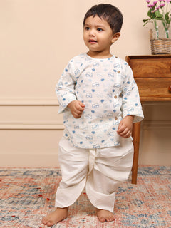 Polka Tots Full Sleeves Elephant Print Angrakha with Dhoti - White & Blue