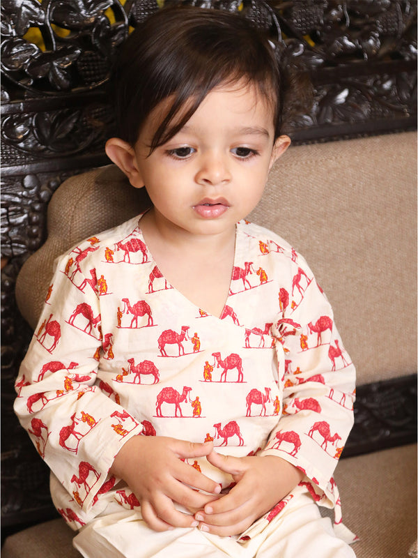 Polka Tots Cotton Camel Print Full Sleeves Angrakha Kedia Pant Set - Cream