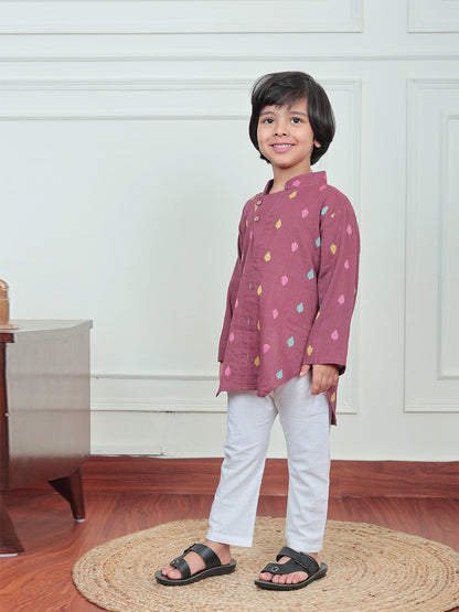 Polka Tots Full Sleeve Leaf embroidery Kurta Pyjama Set - Brown