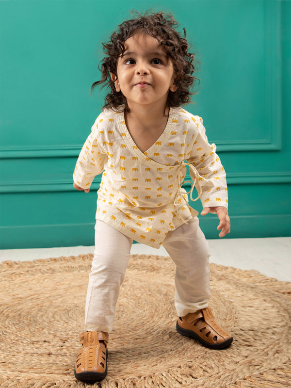 Polka Tots Full Sleeve Elephant Print Front Open Angrakha Kedia Pant Set - Cream