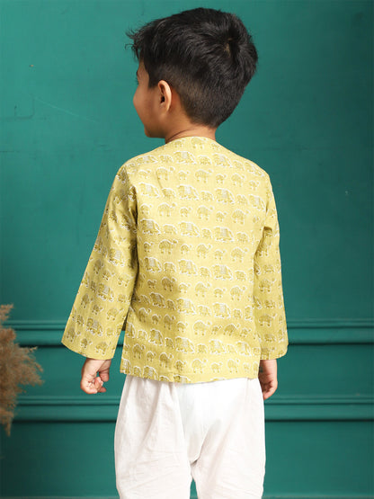 Polka Tots 100% Super Soft Cotton Full Sleeve Elephant Print Front Open Angrakha Kedia Pant Set - Green