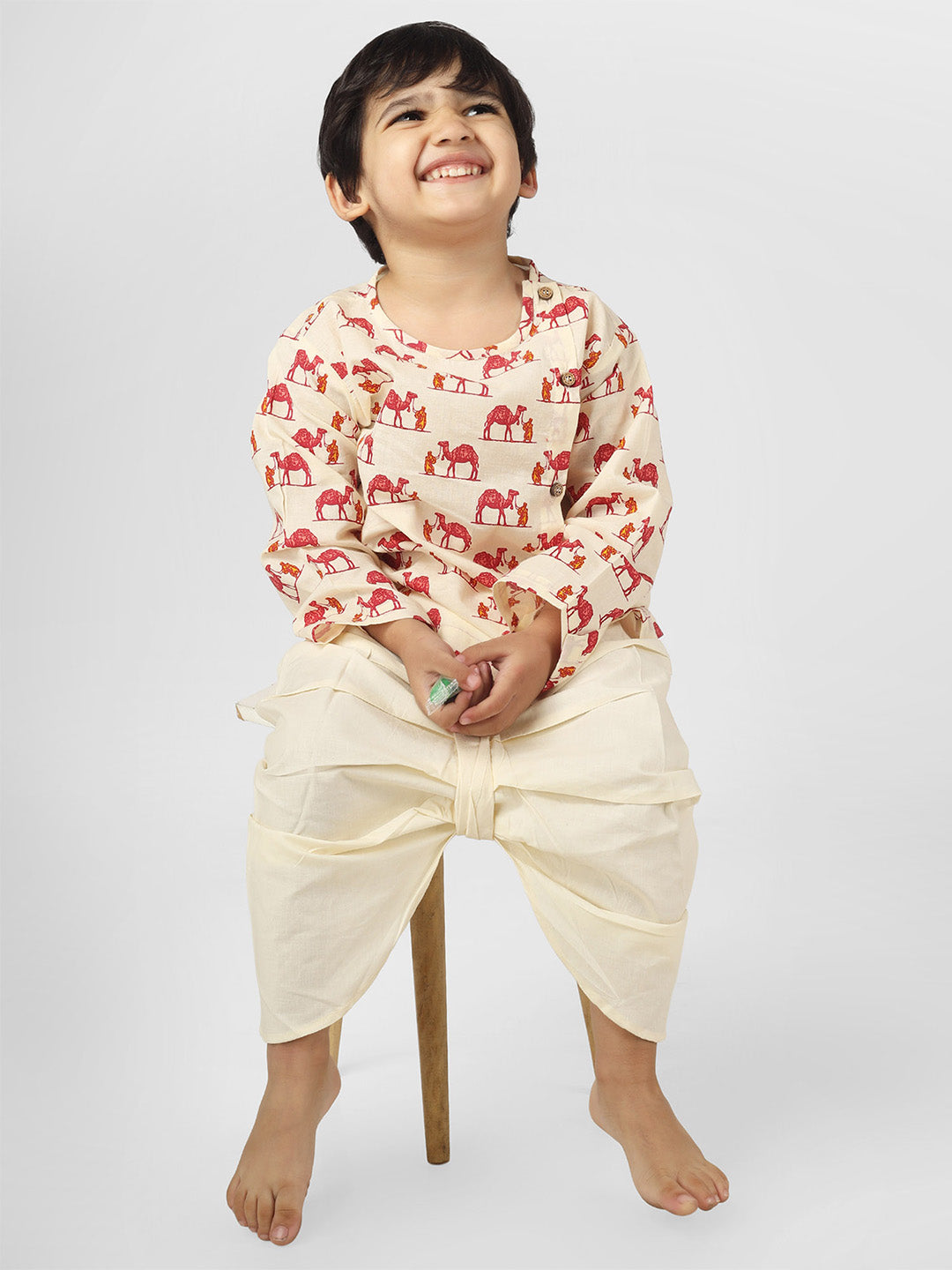 Polka Tots Full Sleeve Camel Print Angrakha Top With Dhoti - Cream