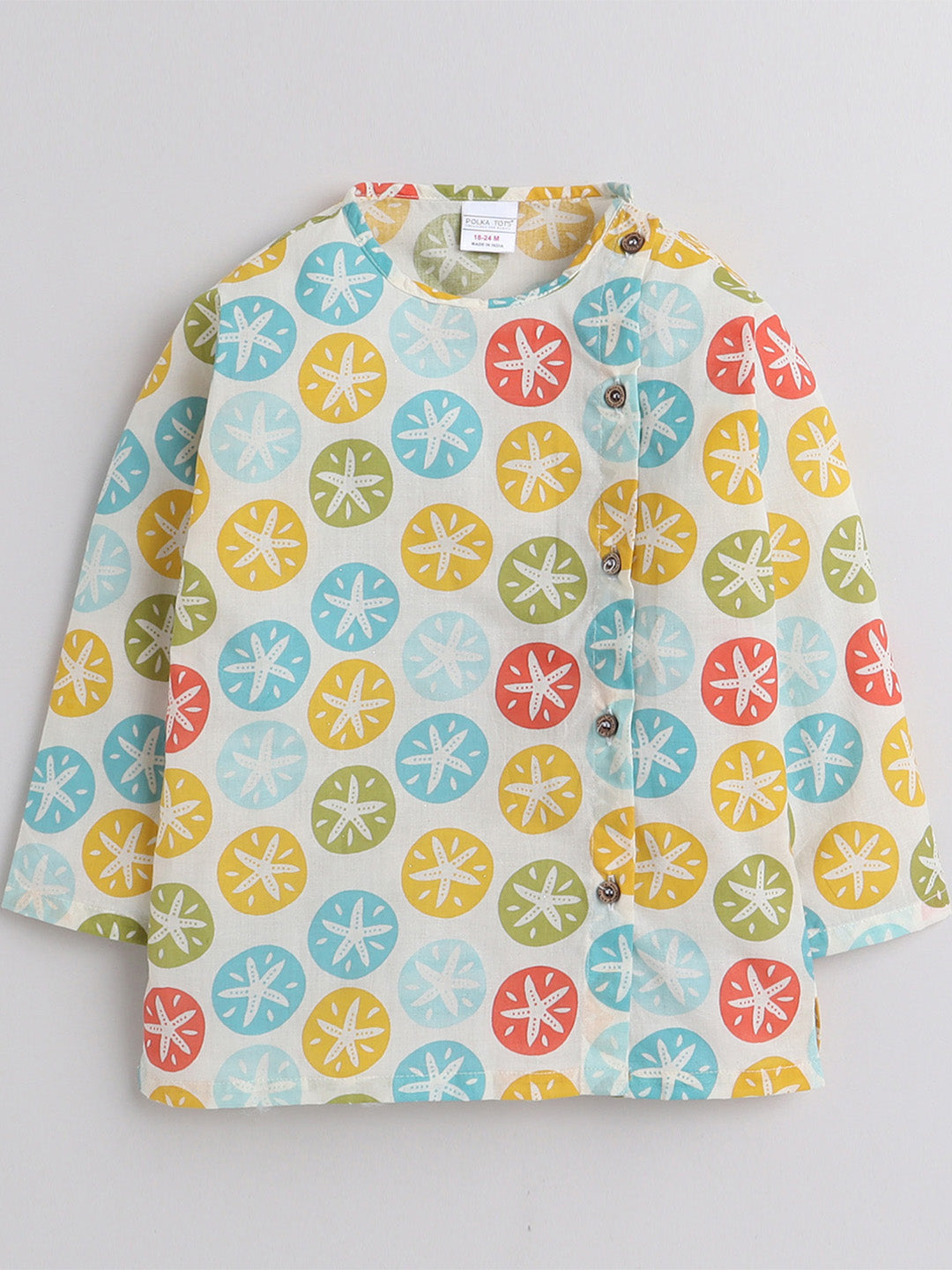 Polka Tots Full Sleeve Multi Color Star Print Angrakha Kurta With Piping Dhoti - Cream