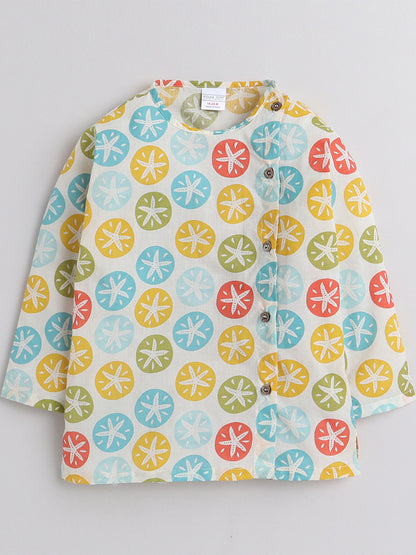 Polka Tots Full Sleeve Multi Color Star Print Angrakha Kurta With Piping Dhoti - Cream