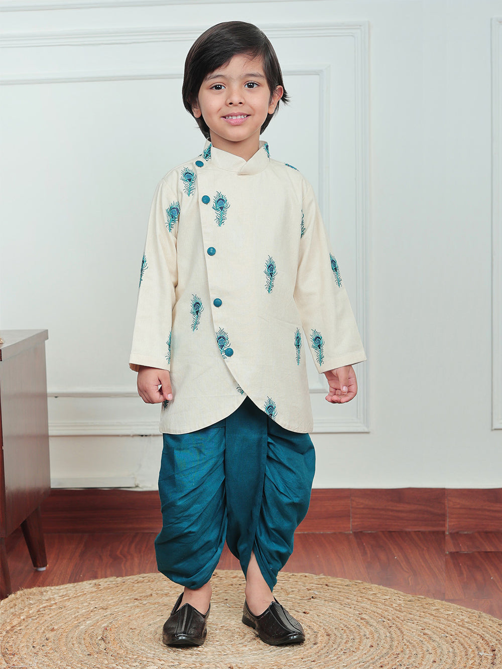 Polka Tots Peacock print Angrakha With Dhoti - Cream