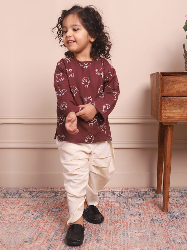 Polka Tots Full Sleeves Birds Embroidery Angrakha with Dhoti  - Wine