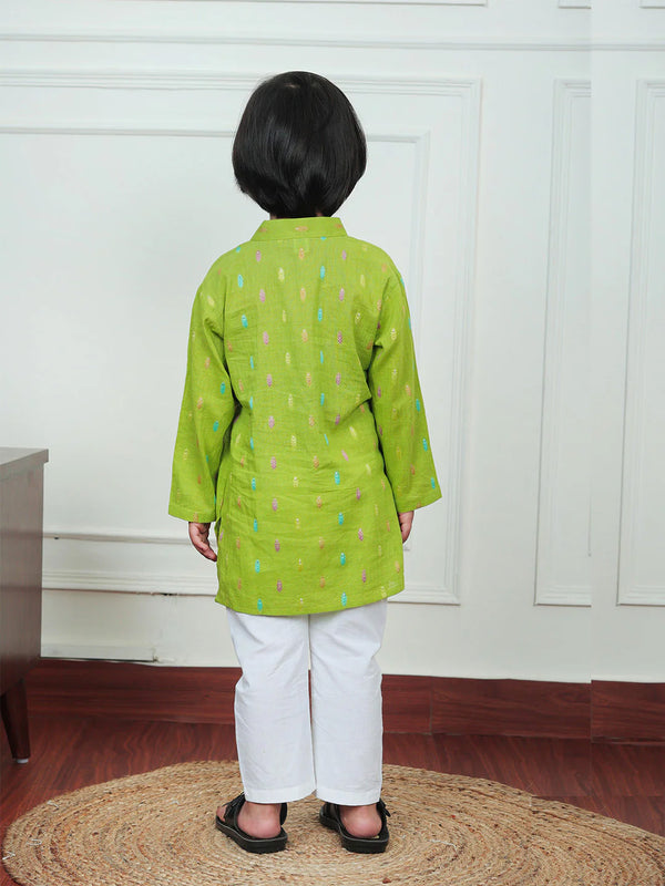 Polka Tots Full Sleeve Leaf embroidery Kurta Pyjama Set - Green