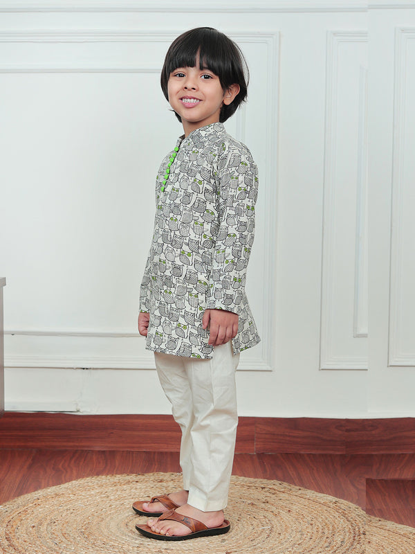 Polka Tots Full Sleeve Owl print Kurta Pyjama Set - Off White