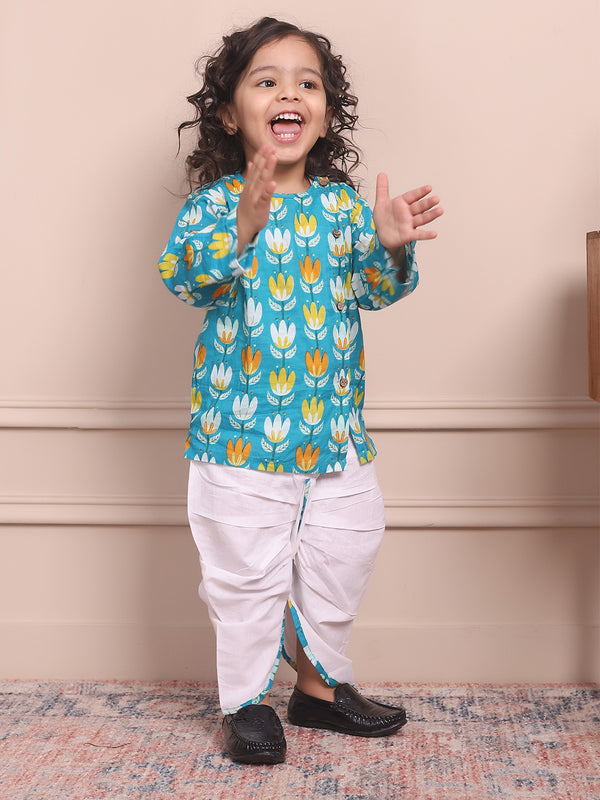 Polka Tots Full Sleeves Lotus Print Angrakha with Dhoti - Blue
