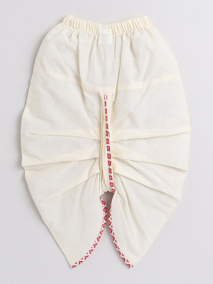 Polka Tots Full Sleeve Small Square Print Angrakha With Piping Dhoti - Cream